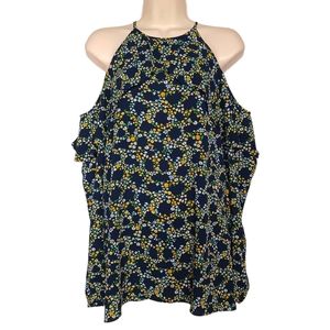 MICHAEL MICHAEL KORS Navy Blue Yellow Floral Print Cold Shoulder Ruffle Top M